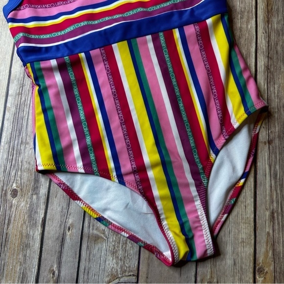 Calvin Klein Swimwear Rainbow Striped Teens Size 12/14 Strappy One Piece Blue - Picture 3 of 11